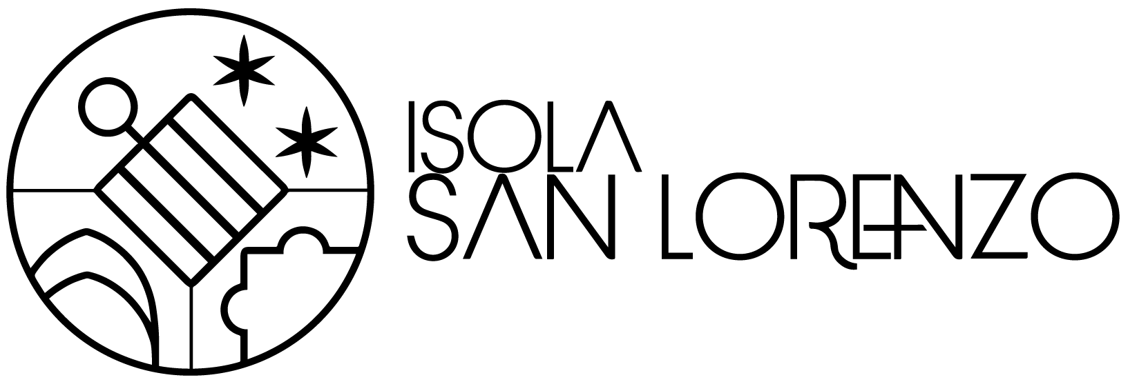 Logo dell'Isola di San Lorenzo. In un cerchio sono inserite: al centro la graticola simbolo del martirio di San Lorenzo, in alto a destra le due stelle del manto della Madonna delle Grazie, in basso a destra una parte della forma delle formelle sulla facciata, in basso a sinistra la forma degli archi all'interno della Perugia Sotterranea. Queste immagini sono tutte stilizzate rappresentate solo come linee. Alla destra del cerchio compare la scritta Isola di San Lorenzo.