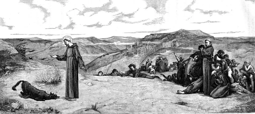 Illustrazione settecentesca in bianco e nero che rappresenta l'episodio di San Francesco e il Lupo. Sulla sinistra il lupo, circondato da carcasse sbranate, si prostra a san Francesco. Sulla destra il popolo eugubino è radunato e pronto a difendersi con le armi mentre scruta spaventato quanto sta accadendo. Sullo sfondo le campagne umbre.