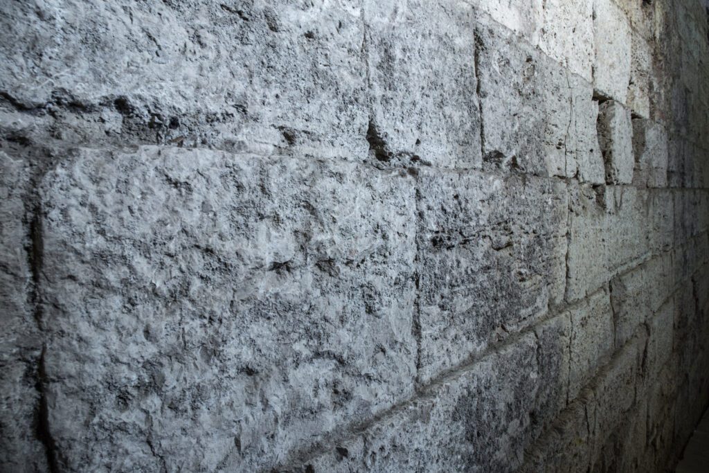 Vista scorciata ravvicinata del muro di terrazzamento etrusco. I conci di travertino sono poggiati in file che, andando verso l’alto, arretrano di appena un paio di centimetri alla volta, per compensare la spinta della terra che confinano. È facile notare come non ci siano leganti tra i conci, che sono semplicemente posati uno sull’altro.