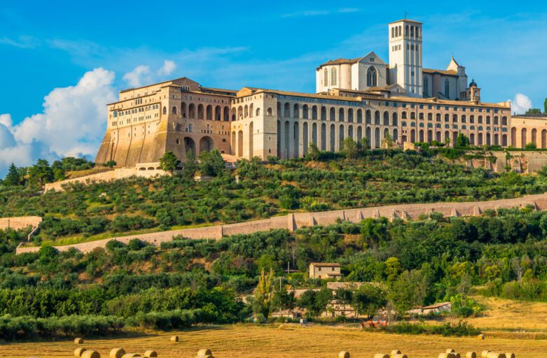 Vista panoramica di Assisi e della Basilica di San Francesco dai campi sottostanti. Dal basso verso l’alto: campi di grano gialli, vegetazione e boschi verdi, Assisi in pietra bianca rosata, e cielo azzurro.