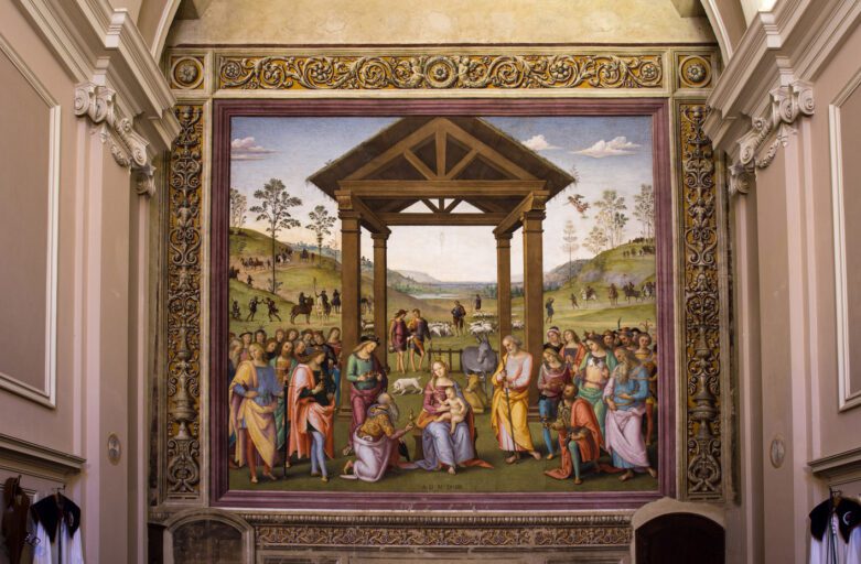 Vista frontale de "L'adorazione dei magi", opera di Pietro Vannucci, detto il Perugino.