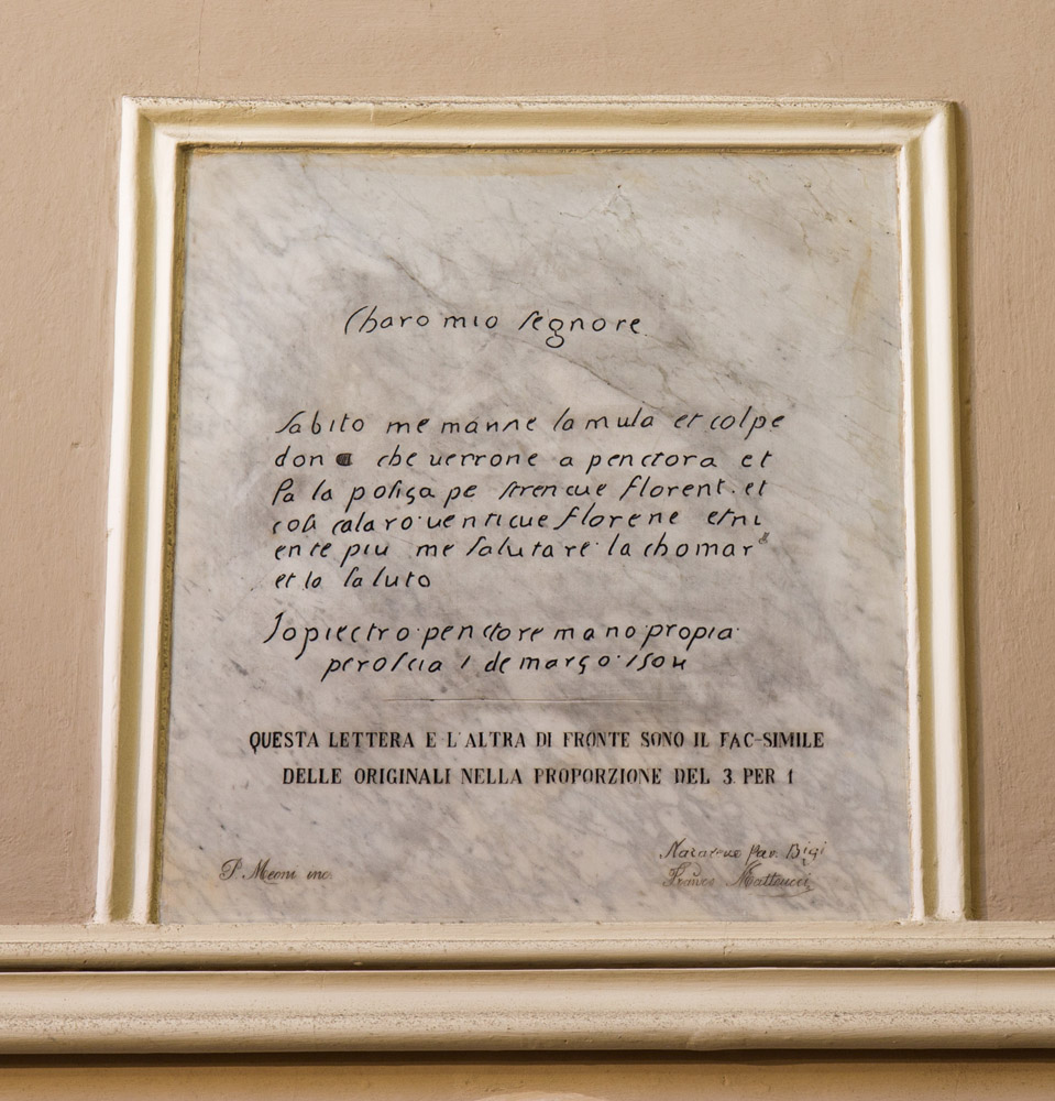 Dettaglio di una lastra incisa con Una delle lettere scambiate tra il perugino e il committente dell'opera che si trova nell'Oratorio dei Bianchi.