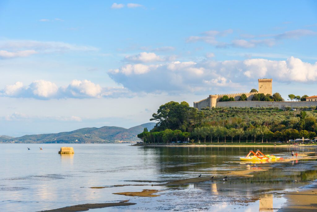 In primo piano le rive del Lago Trasimeno, popolate da qualche volatile, qualche ciuffo d'erba e dei pedalò con scivolo. Seguendo la riva verso la destra dell'immagine si giunge ad una piccola macchia di vegetazione sopra la quale si erge la splendida fortezza di Castiglion del Lago, che si affaccia fiera sullo specchio d'acqua.