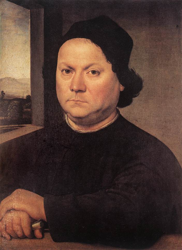 Mezzo busto di Pietro Vannucci, detto Perugino. L’uomo di mezza età è ritratto in abiti del suo tempo e con le braccia appoggiate su un piano. Di fianco a lui si apre una finestra con un paesaggio di campagna.