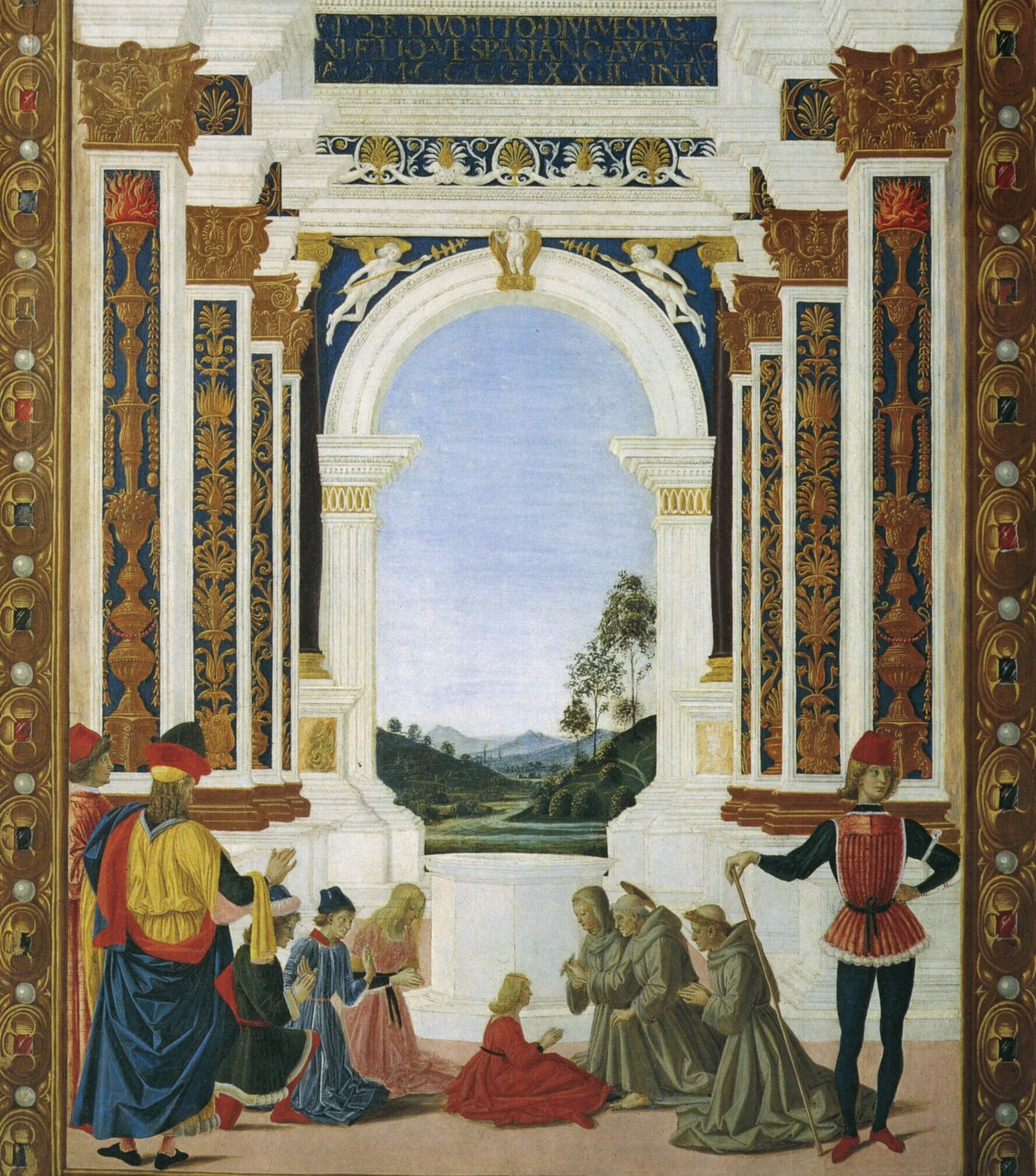 San Bernardino risana una fanciulla, Perugino Dipinto raffigurante una giovane inginocchiata al centro di una maestosa sala. Davanti a lei, sempre in ginocchio, San Bernardino e altri due frati. Alcune persone vestite con abiti rinascimentali assistono alla scena. In fondo alla sala, una grande finestra lascia intravedere un paesaggio bucolico, con dolci colline e un ruscello che scorre tra di esse.