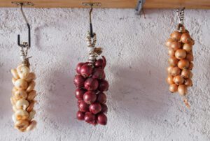braids of Cannara onions hanging from metal hooks. From left to right, there are three varieties of onions: borettana, red and golden.