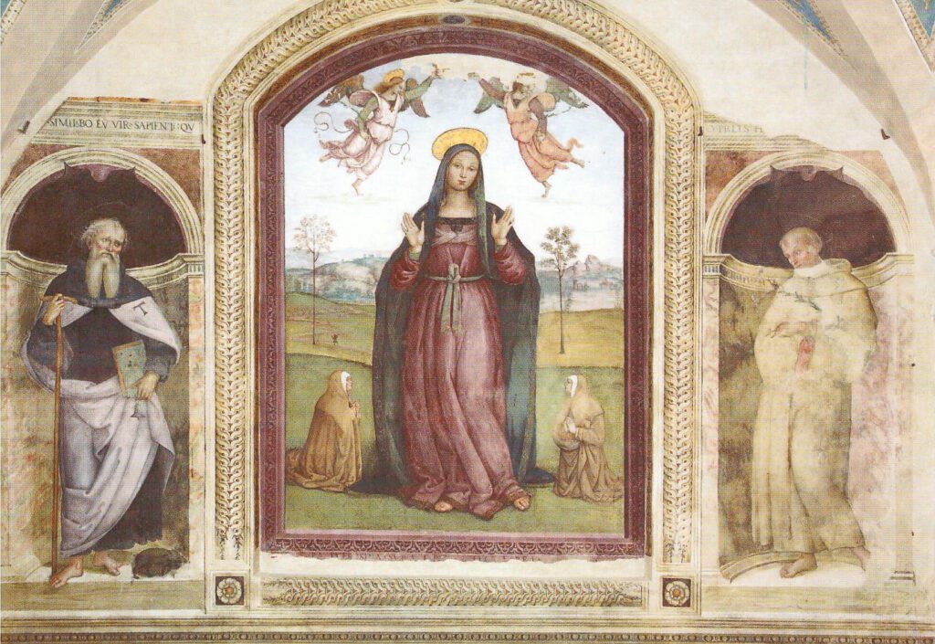 Affresco con al centro la Madonna in piedi in un paesaggio bucolico, con due angeli in cielo sopra di lei e due suore inginocchiate ai suoi piedi. Ai lati, due nicchie dipinte in cui sono raffigurati i Sant’Antonio abate e Sant’Antonio da Padova.