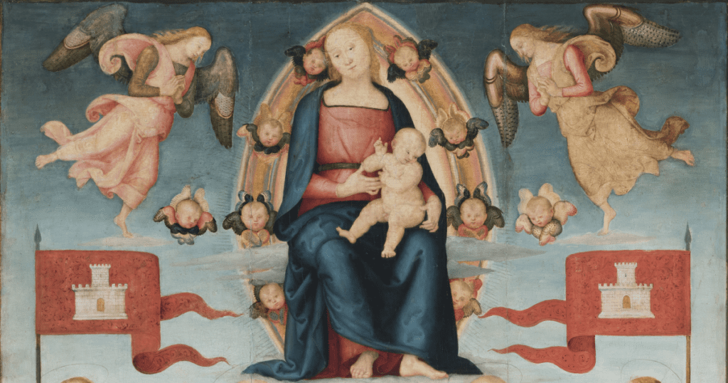 Painting depicting a Madonna and Child seated in heaven within an almond-shaped frame, with all around small angels and two larger angels at the sides. Standing and lined up on the ground are four saints: from left to right, St. Protasius, St. Peter, St. Paul, and St. Gervasius. Protasius and Gervasius each hold the pole of a banner with a castle, the symbol of Città della Pieve. St. Peter holds a large key; St. Paul a sword and a book. On the ground is a geometric floor, behind the saints is a parapet in the central part of which an inscription can be seen. In the background is a very vague and blurred hilly landscape. Translated with www.DeepL.com/Translator (free version)
