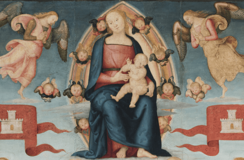 Painting depicting a Madonna and Child seated in heaven within an almond-shaped frame, with all around small angels and two larger angels at the sides. Standing and lined up on the ground are four saints: from left to right, St. Protasius, St. Peter, St. Paul, and St. Gervasius. Protasius and Gervasius each hold the pole of a banner with a castle, the symbol of Città della Pieve. St. Peter holds a large key; St. Paul a sword and a book. On the ground is a geometric floor, behind the saints is a parapet in the central part of which an inscription can be seen. In the background is a very vague and blurred hilly landscape. Translated with www.DeepL.com/Translator (free version)