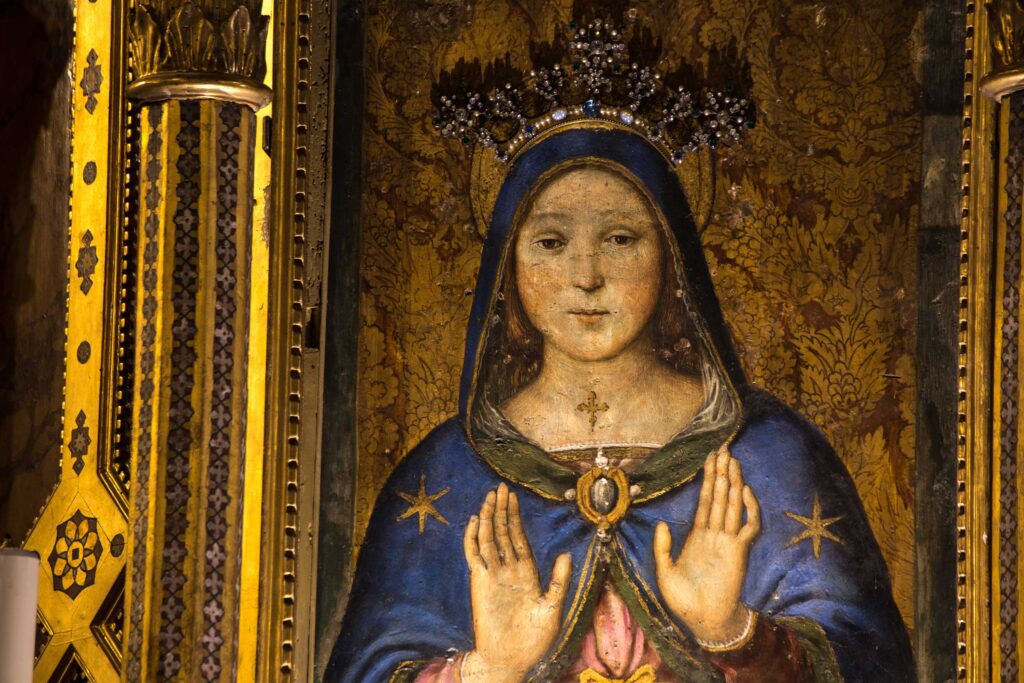 Mezzo busto della Madonna delle Grazie. Sopra la sua testa un’aureola dorata con applicazioni a formare una preziosa corona. Le mani sono vicine al petto, con i palmi rivolti verso lo spettatore. Il volto della Vergine è dolce e tranquillo, la sua testa coperta da un lungo manto adornato con delle stelle che scende oltre le spalle ed è appuntato da una spilla sopra il petto. Sul suo collo c’è una piccola croce. Ai lati del dipinto si vedono i rivestimenti dorati del tabernacolo in cui è conservata l’opera.