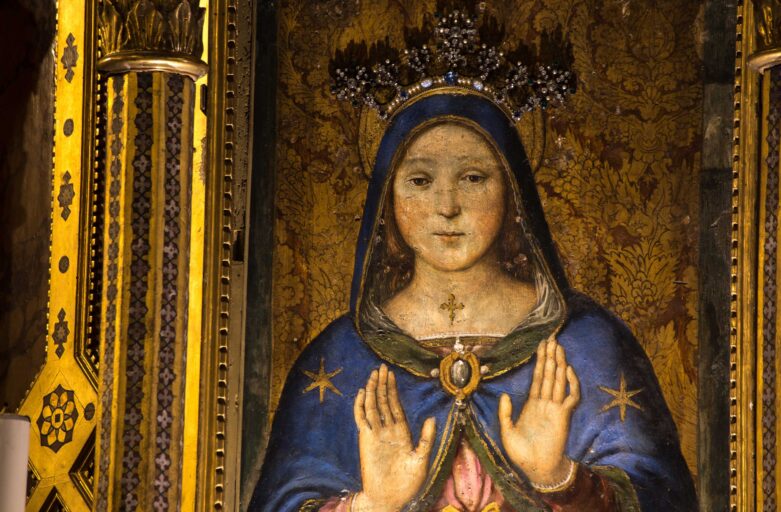 Mezzo busto della Madonna delle Grazie. Sopra la sua testa un’aureola dorata con applicazioni a formare una preziosa corona. Le mani sono vicine al petto, con i palmi rivolti verso lo spettatore. Il volto della Vergine è dolce e tranquillo, la sua testa coperta da un lungo manto adornato con delle stelle che scende oltre le spalle ed è appuntato da una spilla sopra il petto. Sul suo collo c’è una piccola croce. Ai lati del dipinto si vedono i rivestimenti dorati del tabernacolo in cui è conservata l’opera.