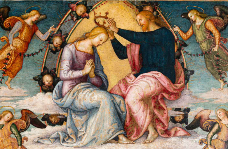 dettaglio della faccia posteriore della Pala di Monteripido. La scena raffigurata dal Perugino è quella dell’Incoronazione della Vergine ed è divisa in due parti. Nella metà superiore, Gesù posa la corona sul capo di Maria. Angeli e putti con fiori in mano, li circondano.