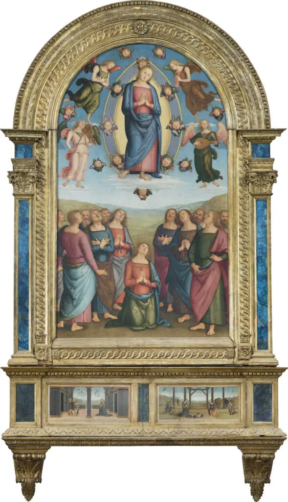 foto della pala dell’Assunta, dipinta dal Perugino e collocata nella chiesa di Santa Maria Assunta a Corciano. La tavola di legno è inserita all’interno di una cornice dorata ed è composta dalla tavola principale e da due predelle sottostanti. Nella tavola principale è raffigurata la scena dell’Assunzione della Vergine, divisa in due parti. Nella parte superiore, la Madonna è collocata all’interno di una mandorla di luce e poggia i piedi sulle nuvole. È circondata dagli angeli e il suo sguardo è rivolto verso lo spettatore. Nella parte inferiore, gli apostoli pregano e rivolgono gli sguardi verso l’alto. Le colline fanno da sfondo al dipinto. Al di sotto della tavola principale, sono collocate due predelle, due piccoli riquadri dove sono dipinte le scene dell’Annunciazione e dell’Adorazione dei Pastori.