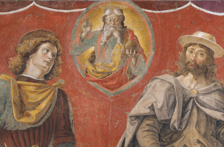 St. Romano in Renaissance clothing turns his gaze towards God, inscribed in an almond-shaped frame in the centre of the work; St. Roch, dressed as a pilgrim, looks towards the viewer showing a bleeding wound on his right thigh, a sign of the plague that struck him during his lifetime. Below their feet, there is a floor with geometric motifs and further down there is the town of Deruta, also indicated by Saint Roman. Behind the two Saints, a plain drape forms the background of the composition.