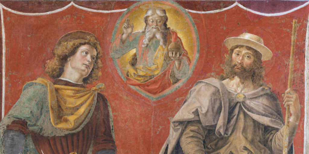 St. Romano in Renaissance clothing turns his gaze towards God, inscribed in an almond-shaped frame in the centre of the work; St. Roch, dressed as a pilgrim, looks towards the viewer showing a bleeding wound on his right thigh, a sign of the plague that struck him during his lifetime. Below their feet, there is a floor with geometric motifs and further down there is the town of Deruta, also indicated by Saint Roman. Behind the two Saints, a plain drape forms the background of the composition.