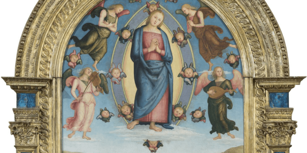 Photo of a part of the altarpiece of the Assumption, painted by Perugino and located in the Church of Santa Maria Assunta in Corciano. The wooden panel is set within a gilded frame. The main panel depicts the scene of the Assumption of the Virgin, divided into two parts. In the upper part, the Madonna is placed inside a mandorla of light and rests her feet on the clouds. She is surrounded by angels and her gaze is turned towards the viewer. In the lower part, the apostles pray and turn their gazes upwards. The hills form the background to the painting.