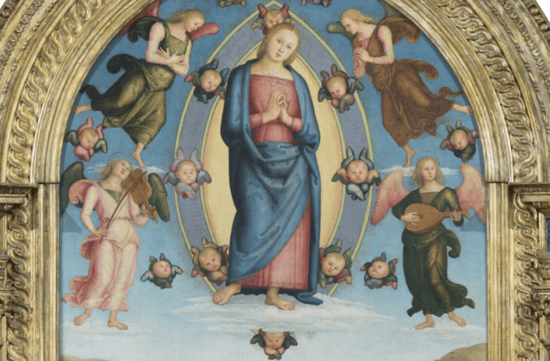 Photo of a part of the altarpiece of the Assumption, painted by Perugino and located in the Church of Santa Maria Assunta in Corciano. The wooden panel is set within a gilded frame. The main panel depicts the scene of the Assumption of the Virgin, divided into two parts. In the upper part, the Madonna is placed inside a mandorla of light and rests her feet on the clouds. She is surrounded by angels and her gaze is turned towards the viewer. In the lower part, the apostles pray and turn their gazes upwards. The hills form the background to the painting.