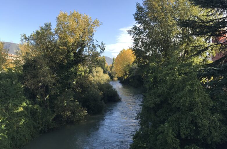 Photo of a section of the River Nera flowing in the centre of the picture. The river is in the shade of a rich vegetation running along both banks. On the left and right of the photo, behind the vegetation, buildings can be glimpsed, so this stretch of river is close to a town. In the background, starting from left to centre, there are mountains and above them the clear sky with a few clouds in the centre.