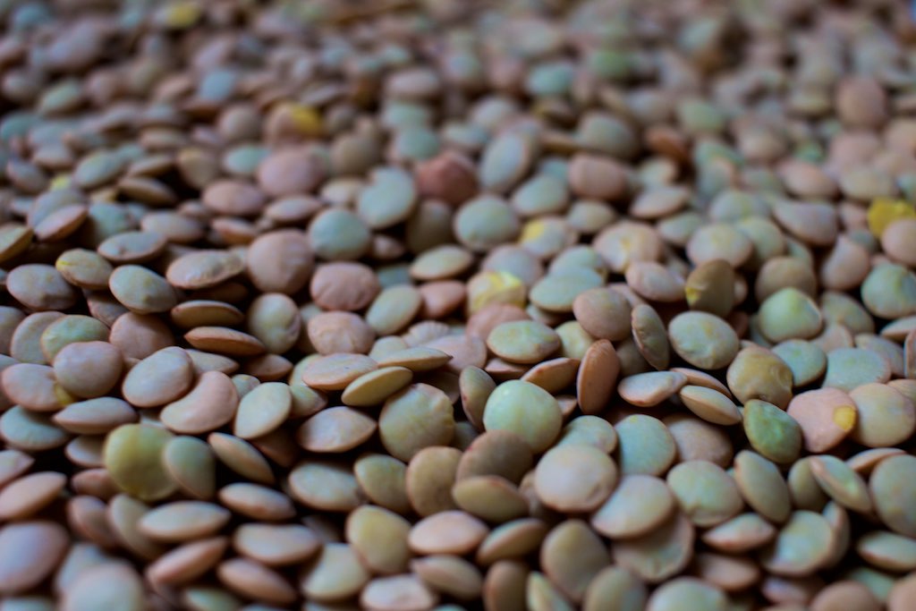 inquadratura ravvicinata dei chicchi di lenticchie con sfumature di vari colori.