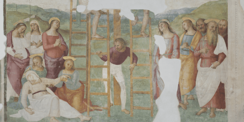 frammenti dell’affresco “Deposizione dalla Croce” realizzato dal Perugino. Al centro dell’immagine, un uomo ai piedi della croce sorregge due scale appoggiate alle braccia della croce. Il corpo svenuto della Madonna giace a terra sulla parte sinistra dell’affresco. La figura è circondata da un gruppo di donne (alcune inginocchiate accanto a lei, altre in piedi) che osservano la scena con i dolci volti marcati dal dolore. Invece, in basso sulla destra, alcuni Apostoli assistono all’evento.