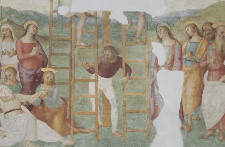 frammenti dell’affresco “Deposizione dalla Croce” realizzato dal Perugino. Al centro dell’immagine, un uomo ai piedi della croce sorregge due scale appoggiate alle braccia della croce. Il corpo svenuto della Madonna giace a terra sulla parte sinistra dell’affresco. La figura è circondata da un gruppo di donne (alcune inginocchiate accanto a lei, altre in piedi) che osservano la scena con i dolci volti marcati dal dolore. Invece, in basso sulla destra, alcuni Apostoli assistono all’evento.