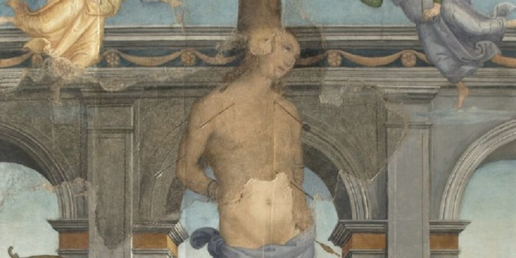 Dettaglio del corpo e del viso di San Sebastiano trafitto da frecce, dipinto dal Perugino nella Pala Martinelli.